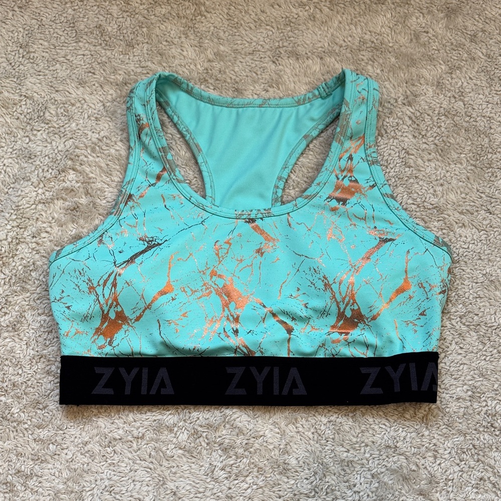 ZYIA Teal and Gold Patterned Sports Bra